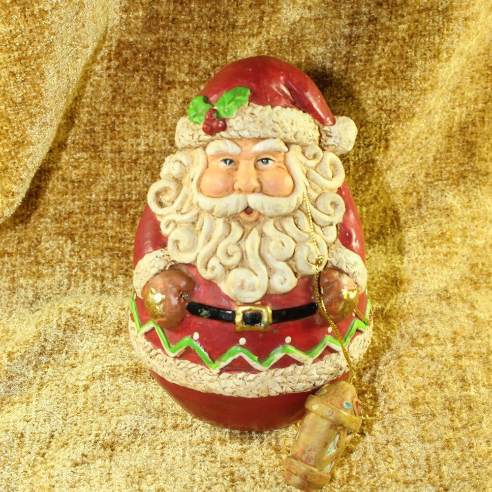 Vintage Roly Poly Christmas Resin Santa Claus 6"x4" Figure Holding Lantern Deco